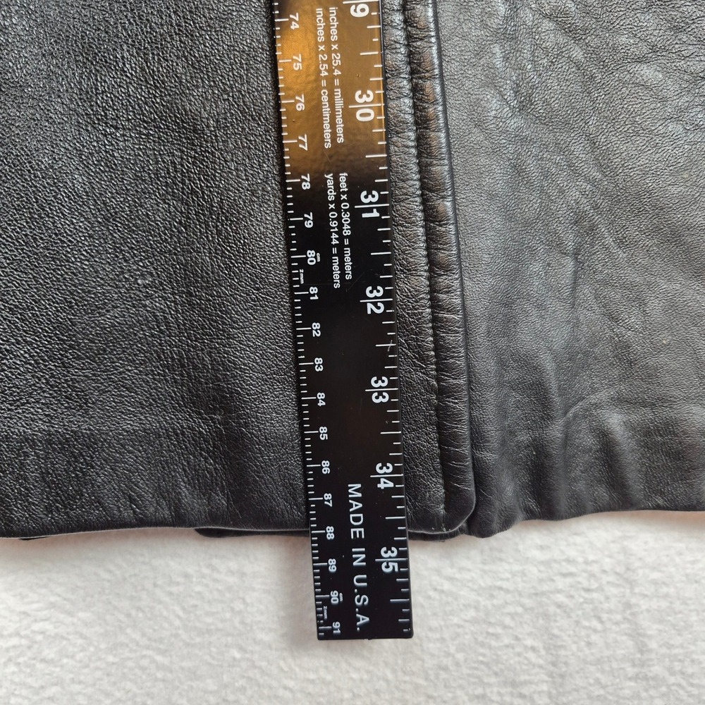 Vintage Black Leather Trench Coat Genuine Fur Collar Cuffs Size 14 Mid Length - Picture 16 of 16